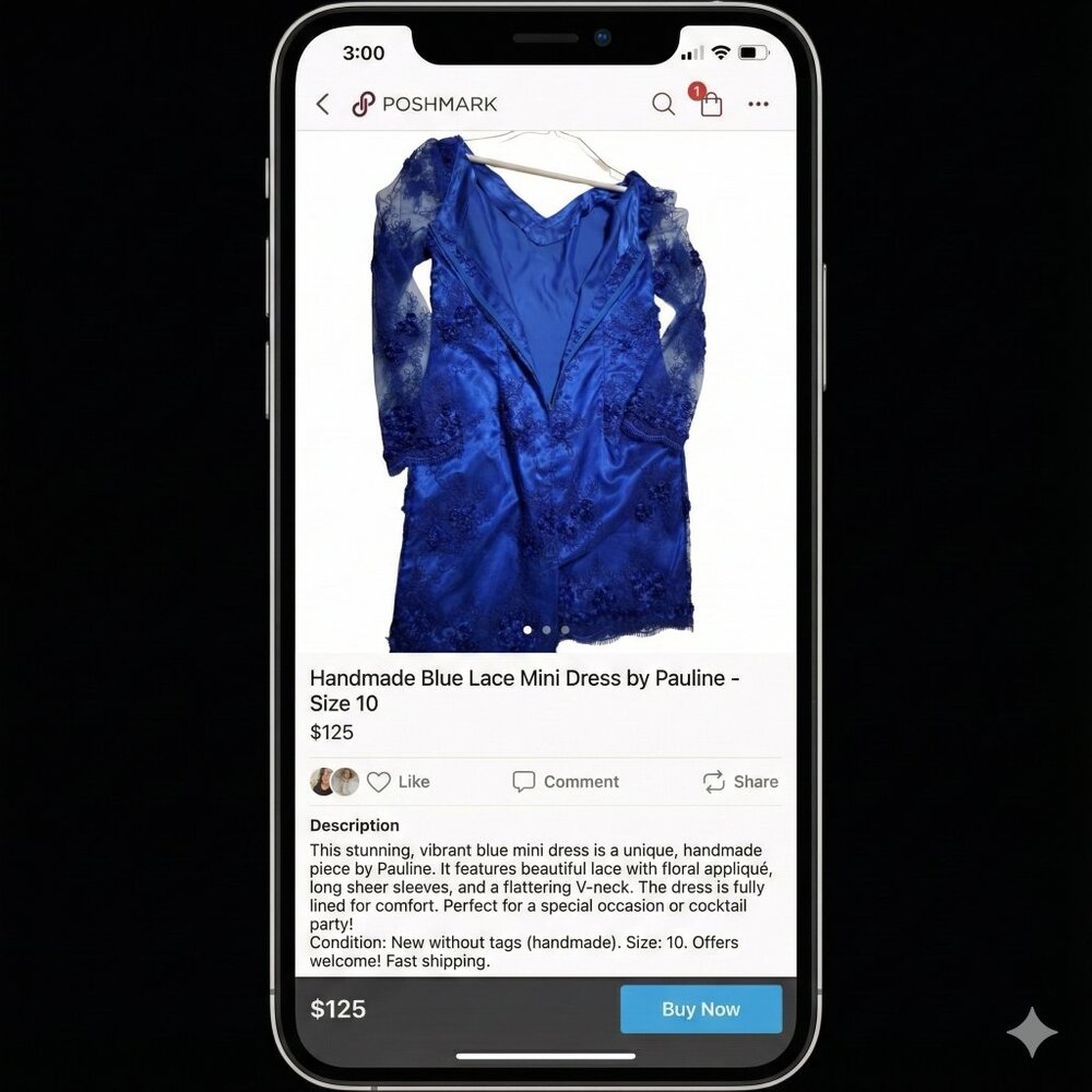 Blue Lace Mini Dress with lining Handmade by Pauline